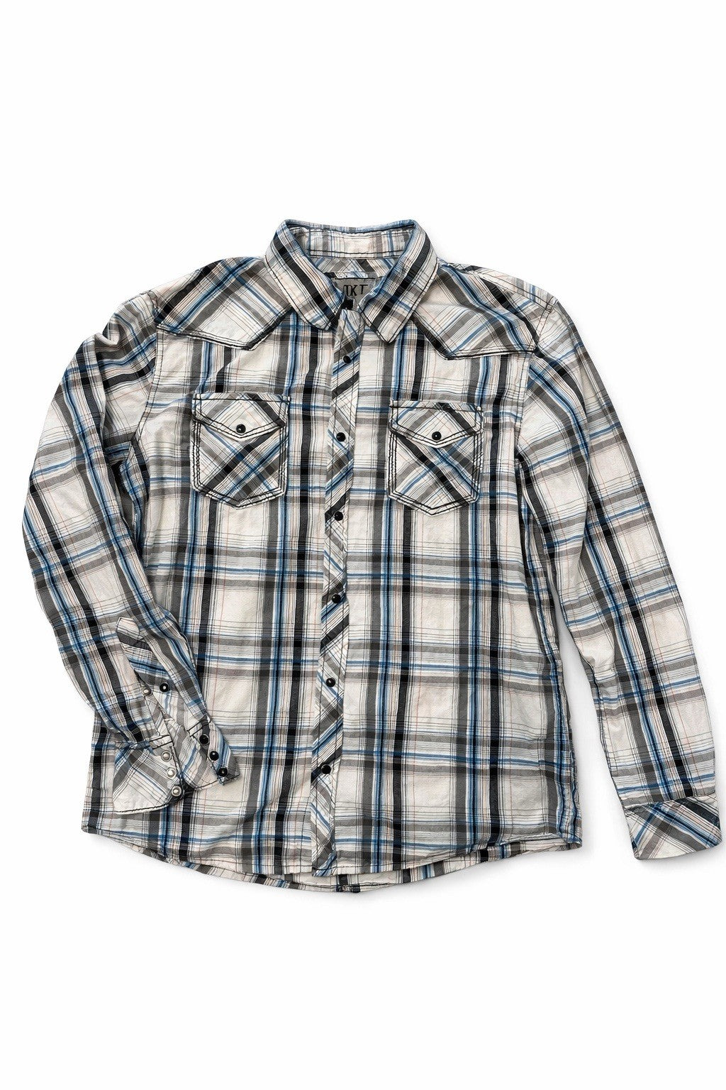 BKE Men's Athletic Fit Plaid Button-Up Shirt Blue Gray White Black Large0